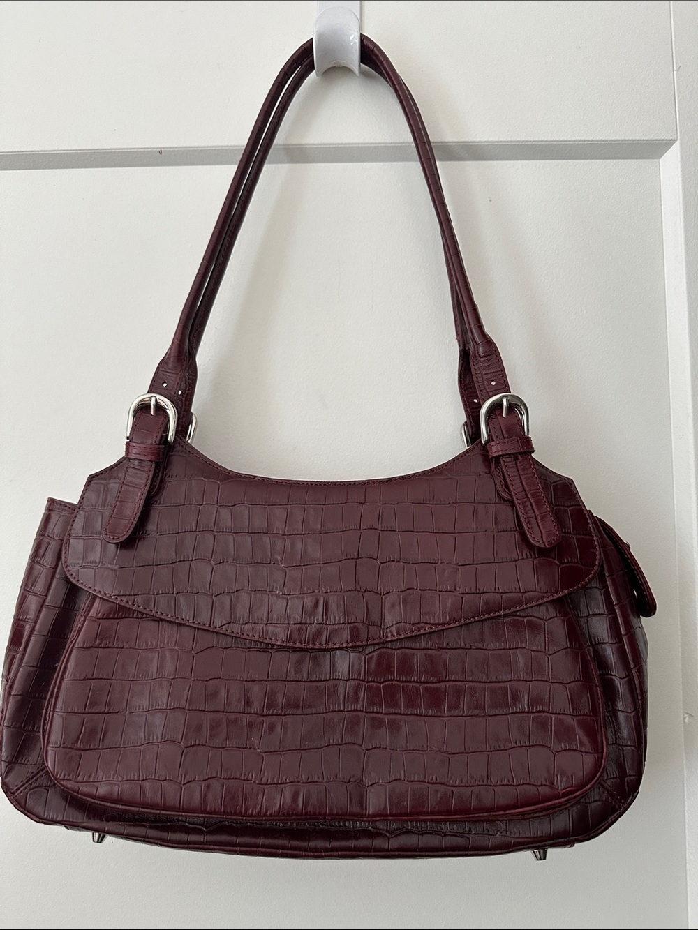 Maxx New York Croc-Embossed Leather Shoulder Bag in Burgundy